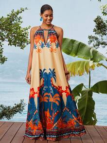 Travachic Women's Tropical Palm Tree Print Vacation Halter Dress - Multicolor - View 4