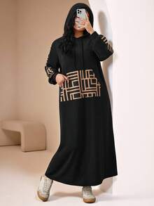Veilorie Plus Size Women Geometric Print Long Sleeve Drawstring Hooded Casual Dress, Spring Autumn - Black - View 1