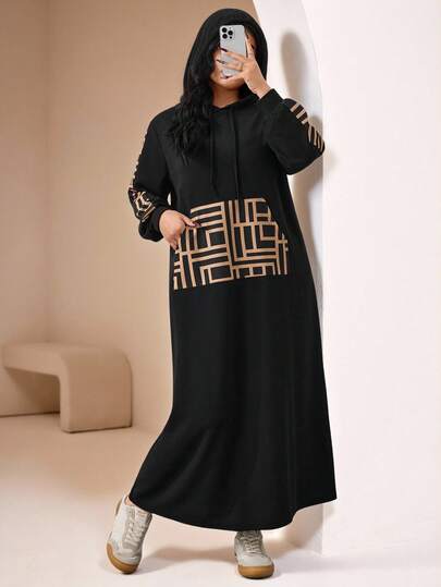 Veilorie Plus Size Women Geometric Print Long Sleeve Drawstring Hooded Casual Dress, Spring Autumn