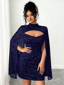 Elenzga Váy Poncho cổ đứng thiết kế thời trang lấp lánh gợi cảm cỡ lớn cho nữ - Màu xanh hải quân - Xem 4