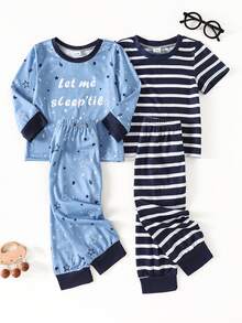 4pcs Dozy Joy Baby Boy Casual Outfit Set, Long Sleeve Tee, Short Sleeve Tee, Pants, Striped, Star, Moon, Cartoon Pattern, Loose Fit, Soft Fabric, Summer
