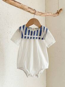 SHEIN Newborn Baby Boy Casual Cute Color Block Sailor Collar Short Sleeve Bodysuit - Multicolor - View 1