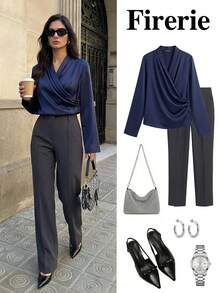 Firerie Women's Navy Blue Crossover V-Neck Long Sleeve Satin Blouse, Satin V-Neck Top, Elegant Daily Commute Women's Shirt, Navy Blue Shirt, Blue Satin Blouse, Long Sleeve Shirt, Spring/Autumn/Winter Clothing, Elegant, Commute, Daily, Minimalist, Work Attire - Navy Blue - View 1