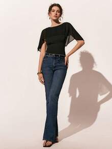 Poéselle 女士纯色圆领网纱拼接修身时尚衬衫 - 黑色 - 查看 7