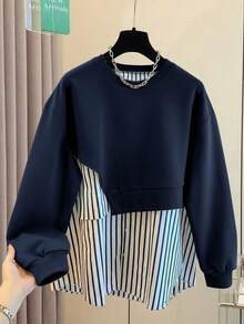 SHEIN Áo nỉ cổ tròn tay dài họa tiết sọc dọc trơn màu dành cho nữ - Màu xanh hải quân - Xem 3