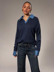 Hauture Women's Sexy Office Loose Long Sleeve Collar Sweater Pullover - Royal Blue - View 2