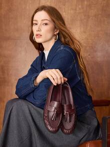 MOTF WOMEN TASSEL PU LEATHER LOAFERS SHOES VALENTINE'S DAY - Burgundy - View 7