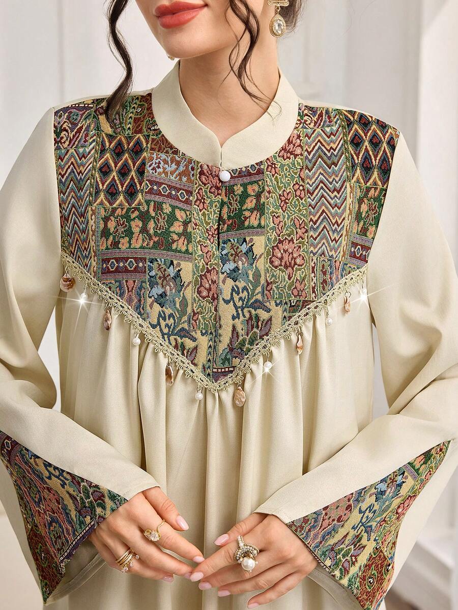 Al Najma 时尚新款提花阿拉伯风格女士连衣裙 - 杏色 - 查看 1