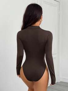 SHEIN PETITE 女士立领长袖休闲连体衣 - 棕色 - 查看 3