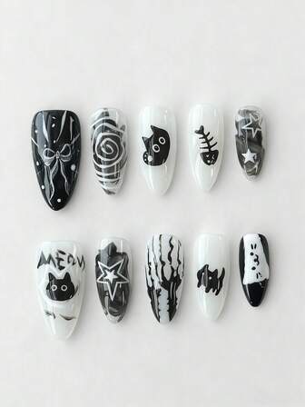 Anime 10 قطعة أظافر مزيفة يدوية الصنع جودة عالية بتصميم فراشة ونوتة موسيقية وعناصر نجمية + 3 قطع لاصق ثنائي الجانب، ملصقات فنية للأظافر بسلسلة من الراين والنقاط على الطراز الفرنسي Y2K قابلة للإزالة، مناسبة للأعياد والحفلات والرقص والاستخدام اليومي