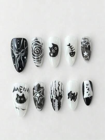 Anime 10 قطعة أظافر مزيفة يدوية الصنع جودة عالية بتصميم فراشة ونوتة موسيقية وعناصر نجمية + 3 قطع لاصق ثنائي الجانب، ملصقات فنية للأظافر بسلسلة من الراين والنقاط على الطراز الفرنسي Y2K قابلة للإزالة، مناسبة للأعياد والحفلات والرقص والاستخدام اليومي