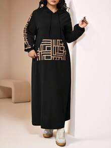Veilorie Plus Size Women Geometric Print Long Sleeve Drawstring Hooded Casual Dress, Spring Autumn - Black - View 7
