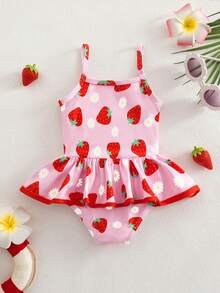SHEIN Baby Girl Vacation Strawberry & Daisy Print Ruffle Trim One-Piece Swimsuit - Pink - View 2