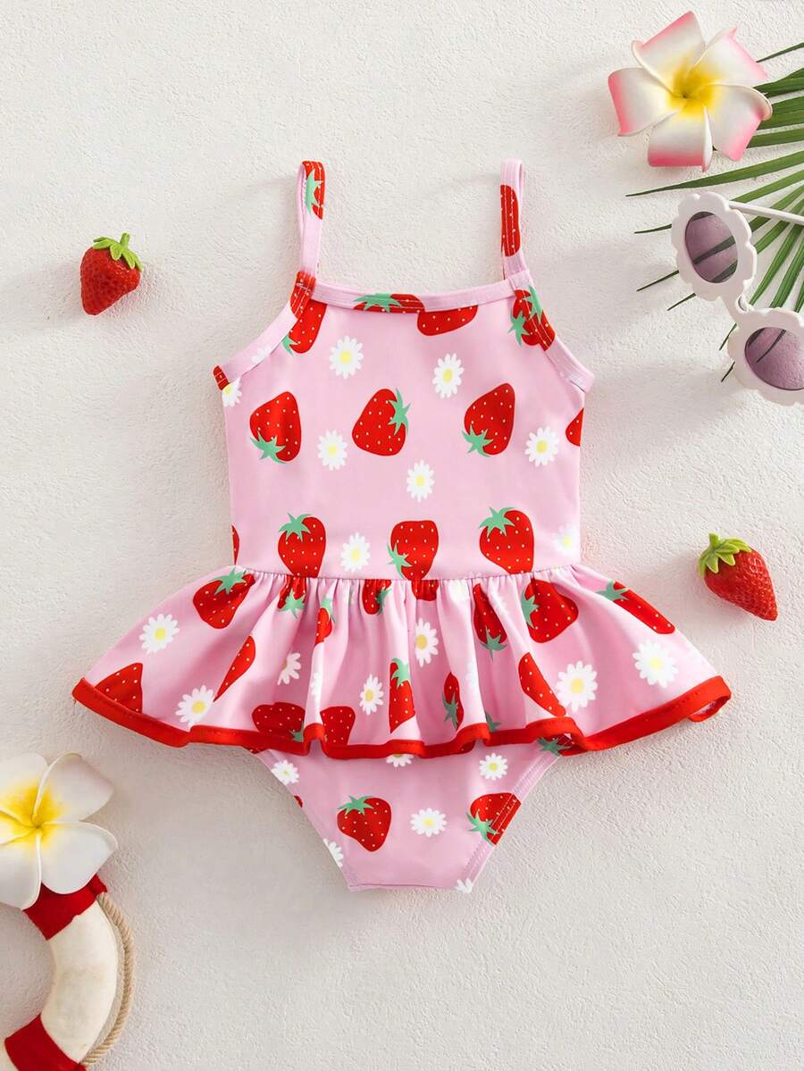 Traje de baño de una pieza con volantes con estampado de fresa y margarita para bebé niña de vacaciones - Rosa - Ver 1