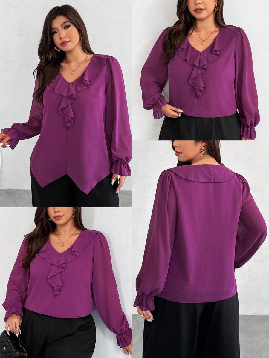 SHEIN Privé Plus Size Women's Solid Color Ruffle Collar Long Sleeve Loose Fashion Blouse - Purple - View 1