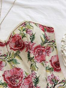 Soleia 女士复古宫廷风彩色花卉提花印花抹胸露脐上衣，带纽扣和后系带 - 彩色 - 查看 7