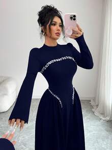 Modelyn Váy dài đính cườm màu đỏ rượu vang thanh lịch dành cho nữ, mùa đông - Xanh đậm - Xem 4