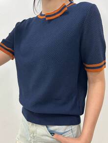 SHEIN Unity Women's Striped Round Neck Casual Oversized Short Sleeve Sweater - Royal Blue - View 4