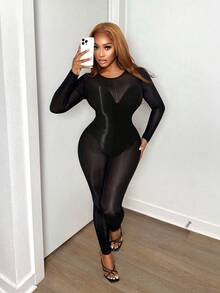 BamGleam 女士纯色圆领长袖性感连体衣 - 黑色 - 查看 6