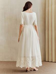 Anewsta Wedding/Party/Birthday/Vacation Embroidered Square Neck Waist Fit & Flare Dress For Women - Apricot - View 2