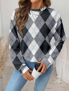 EMERY ROSE 女士休闲格子印花宽松圆领长袖卫衣，格子图案，菱格纹毛衣，冬季女式上衣，女士格子毛衣，休闲款 - 彩色 - 查看 5