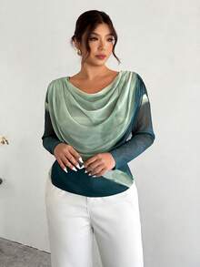 Firerie Áo nữ cỡ lớn thanh lịch cổ xếp ly tay dài in họa tiết ombre ôm sát gợi cảm/Áo thun lưới cỡ lớn, thích hợp cho Ngày Valentine, hòa nhạc, biểu diễn, hẹn hò, tiệc tối trang trọng, dạ hội, mùa cưới, gợi cảm, thanh lịch, đi làm, tựu trường, kỳ nghỉ, bãi biển, lãng mạn, nữ công sở, kiểu nàng tiên cá, tiệc sinh nhật. - Nhiều màu - Xem 2