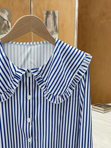 Elenzga New Women's White Cute Peter Pan Collar Matching Woven Striped Print Blouse, Suitable For Layering In Autumn/Winter - Blue and White - View 4