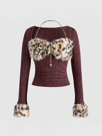 J-Fashion Top corto aderente con chiusura lampo e stampa leopardata effetto sfilacciato, stile Y2K Harajuku, per donna