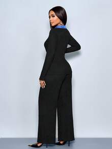 SOLERSUN Women's Two Pieces Suit Elegant Black Autumn Long-Sleeved Shirt Jacket And Pants Set,Smart Office Commuter Knitted Textured Contrast Denim Outfit - Black - View 2