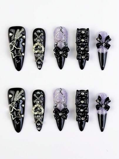 ROMWE Anime 10pcs Y2K Cute Heart, Star, Bow, Wing Nail Art Stickers With Tape