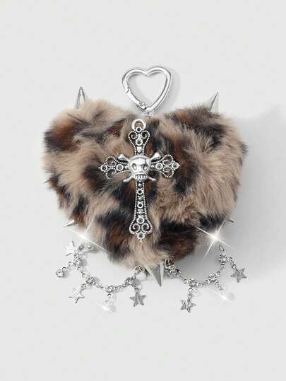 Kawaii 1pc Y2K Retro Punk Goth Style Brown Faux Fur Leopard Print Rivet 3D Heart Cross Pendant Keychain, Suitable For Women, Daily Wear Or Gift, Halloween