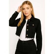 Torera de Mezclilla Ajustada para Mujer Dama Sexy Urbana Moderna Corte a las Costillas - Negro - Ver 4