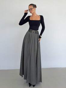 Siren Gaze Spring Outfit Women Spring Break Outfits Valentine's Day Outfit Birthday Outfits For Women Grey Pleated Skirt, 2026 New High - Waist A - Line Skirt With Double Belts & Side Slit Pockets, Old Money Style Long Skirt For Women, Elegant Formal Casual Work Party Outfit, Suitable For Commute/Business/Outing/Teacher/Daily, Autumn Winter Must - Have Skirt - Dark Grey - View 6