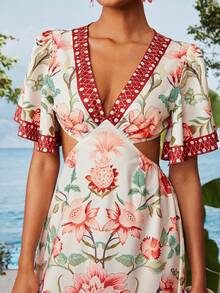 Travachic 女士碎花V领荷叶袖镂空腰部荷叶边下摆连衣裙，浪漫度假风，夏季 - 粉色 - 查看 6