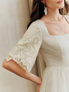 Anewsta Wedding/Party/Birthday/Vacation Embroidered Square Neck Waist Fit & Flare Dress For Women - Apricot - View 6