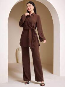 Veilorie 2件套女士阿拉伯风格套装（长袖上衣和裙子套装） - 咖啡棕 - 查看 6