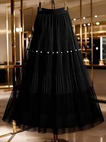 GlowEve CURVE 大码女式纯色褶皱仿珍珠优雅半身裙 - 黑色 - 查看 2