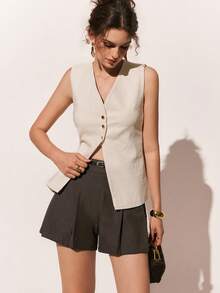 Poéselle Quần short nữ màu trơn cạp cao xếp ly, kiểu dáng thường ngày/công sở, quần short nữ thanh lịch, quần short đi biển, quần short thanh lịch mùa xuân/hè. - màu nâu - Xem 4