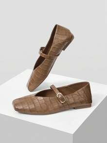 MOTF 女士方头PU皮革鳄鱼纹平底鞋 - 紫紅色 - 查看 9