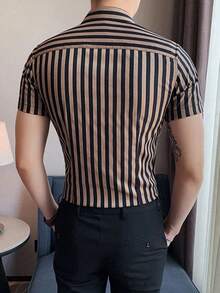 Manfinity Homme Men's Striped Single-Breasted Casual/Business Short Sleeve Shirt - Khaki - View 2