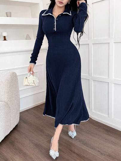 Feyla New Autumn Colorblock Dog Tooth Trim Waist A-Line Comfortable Everyday Elegant Dress