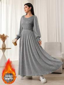 Seusyu Lace Patchwork Knitted Long Sleeve Flared Hem Arabic Style Dress For Women - Dark Grey - View 6