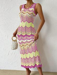 EMERY ROSE Women's Casual Vacation Style Colorblock Zigzag Pattern Fitted Sleeveless Sweater Dress - Multicolor - View 3