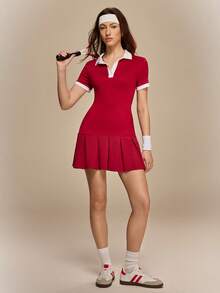 Hanevo Women's Casual Golf Skirt, Burgundy Polo Collar Pleated Button-Down Dress - Burgundy - View 5