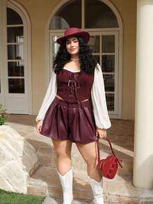 SHEIN MOD 大码女式时尚褶皱酒红色PU阔腿短裤，优雅，秋冬季，派对，万圣节女装，婚礼，酒红色短裤，哥特风，乡村风，时尚，皮质短裤，酒红色短裤，褶皱皮质短裤，仿皮短裤，高腰短裤套装，葡萄酒品鉴皮质短裤，情人节 - 酒紅色 - 查看 6