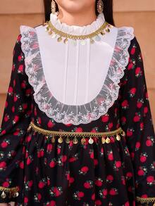 女童V领碎花长袖喇叭袖连衣裙，白色，春夏款，1件 - 黑色 - 查看 5