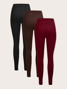 SHEIN EZwear 3件套休闲纯色高腰针织修身女士长款打底裤，春夏款 - 彩色 - 查看 2