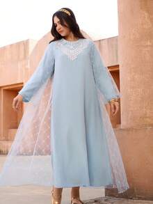 女童传统阿拉伯风格优雅长袍，网纱罩衫，蕾丝领口花卉图案，适合外出、派对、庆典等场合 - 两件套 - 藍色 - 查看 4