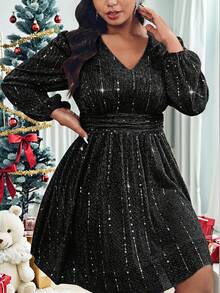 Roveilla 大码女式亮片褶饰长袖粉色情人节连衣裙 - 黑色 - 查看 3