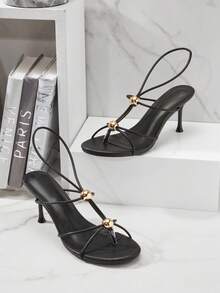 SHUZIA #GlamChic Giày cao gót quai mảnh 3 inch bằng da thuần chay màu đen đính hạt vàng dành cho nữ – Giày cao gót hiện đại, thanh lịch và tự tin. - màu đen - Xem 3